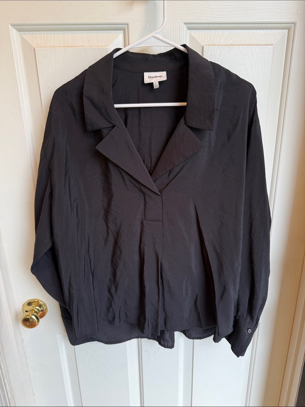 Darling Black Collared Long-Sleeve V-Neck Blouse